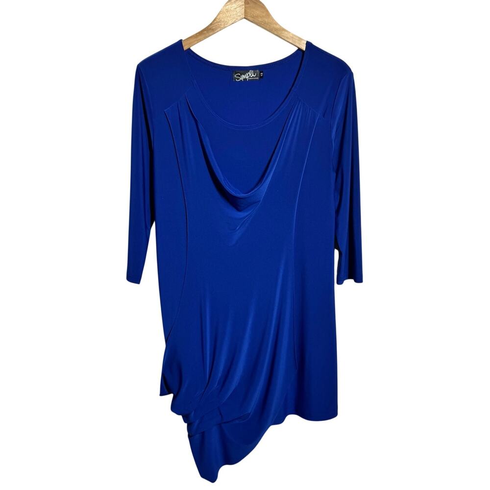 Sympli Jersey Knit Lagenlook Asymmetrical Blouse Top Women 12 Blue Travel Vacay